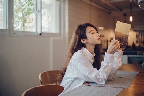Wallpaper Model Asian Brunette Long Hair Shirt Sitting Books Reading Women Indoors