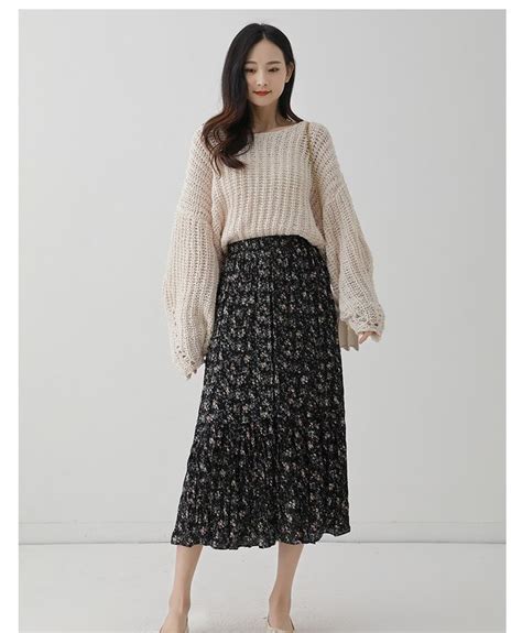 Floral Skirt Pleated Women Korean Style Summer Print Black Empire