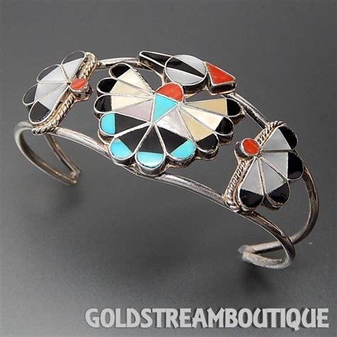 Native American Jj Niiha Zuni Sterling Silver Multi Gemstone Inlay