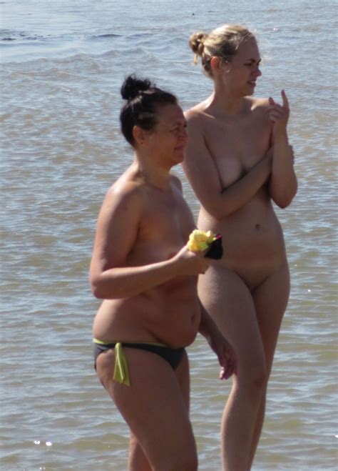 Very Shy And Embarrassed Nudist Slut Babe With Topless Mother On The Beach