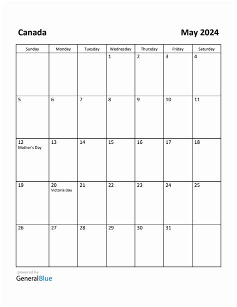 Free Printable May Calendar For Canada