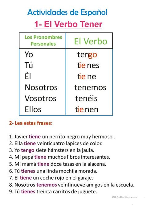 Gramatica El Verbo Tener Worksheet Answers
