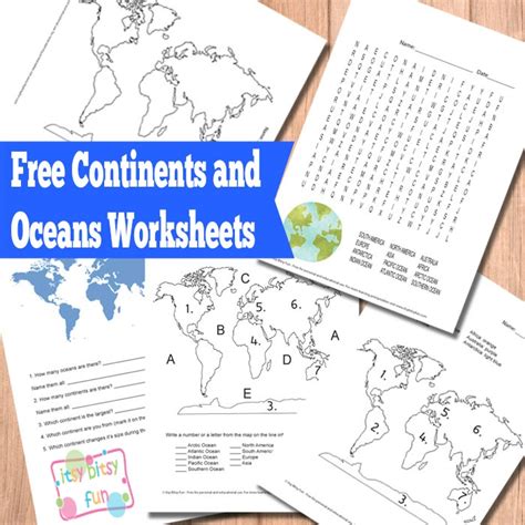 continents  oceans worksheets