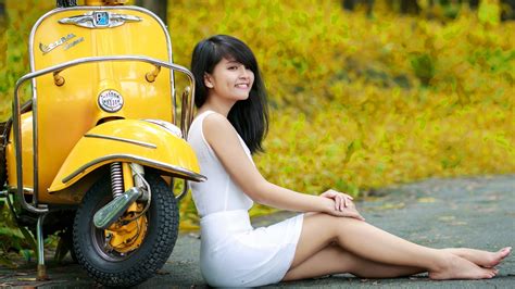 wallpaper asian sitting white dress vehicle yellow clothing vespa girl human positions