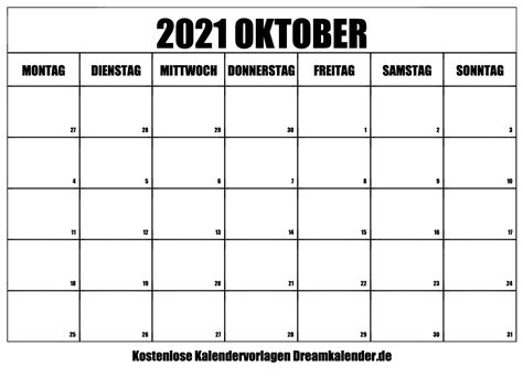 Kalender Oktober 2021