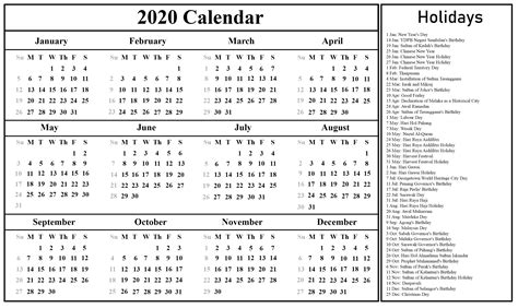 2 keping gmbar passport 3. List Of Monthly Holidays 2020 | Calendar Template Printable