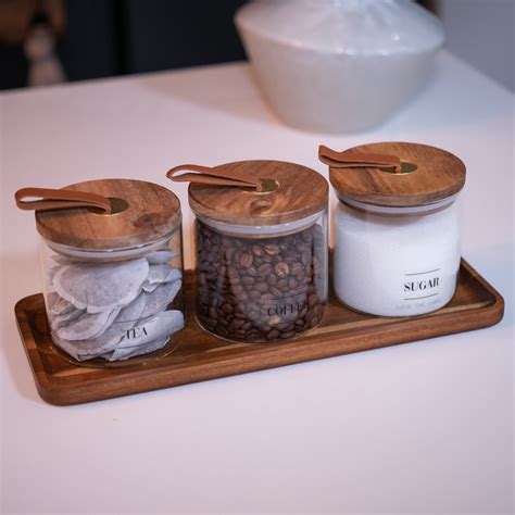 Tea Coffee Sugar Glass Jar Set With Pull Tab Wooden Lid Etsy