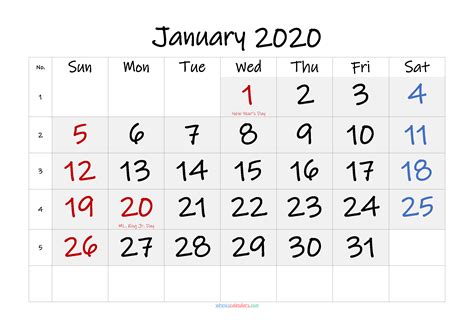 Free Printable January 2020 Calendar With Holidays 6 Templates