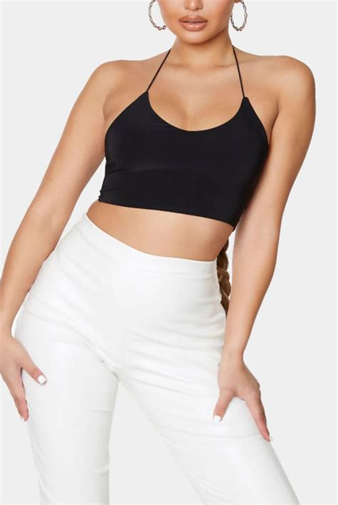 Wholesale Black Slinky Spaghetti Strap Halterneck Crop Top J5fashion