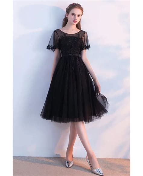 Modest Illusion Round Neck Black Homecoming Dress Knee Length With Sleeves G Gemgrace Com
