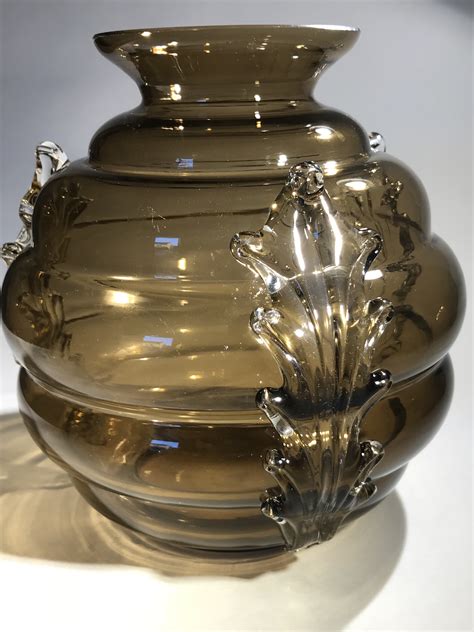 Kralik Smoke Glass Beehive Vase With Applied Acanthus Leaves