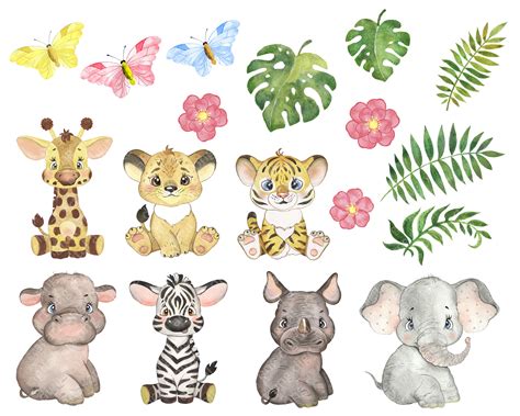 Safari Baby Animals Digital Watercolor Clipart Nursery Prints By