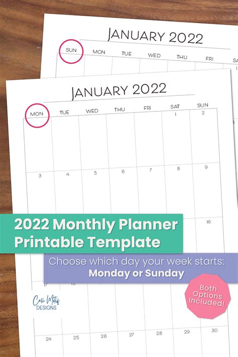 Monthly Calendar 2022 2022 Planner Printable Simple Monthly Etsy
