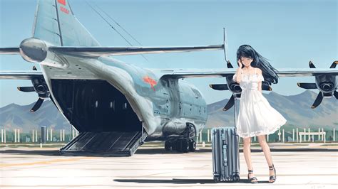 Wallpaper Long Hair Anime Girls Vehicle Airplane