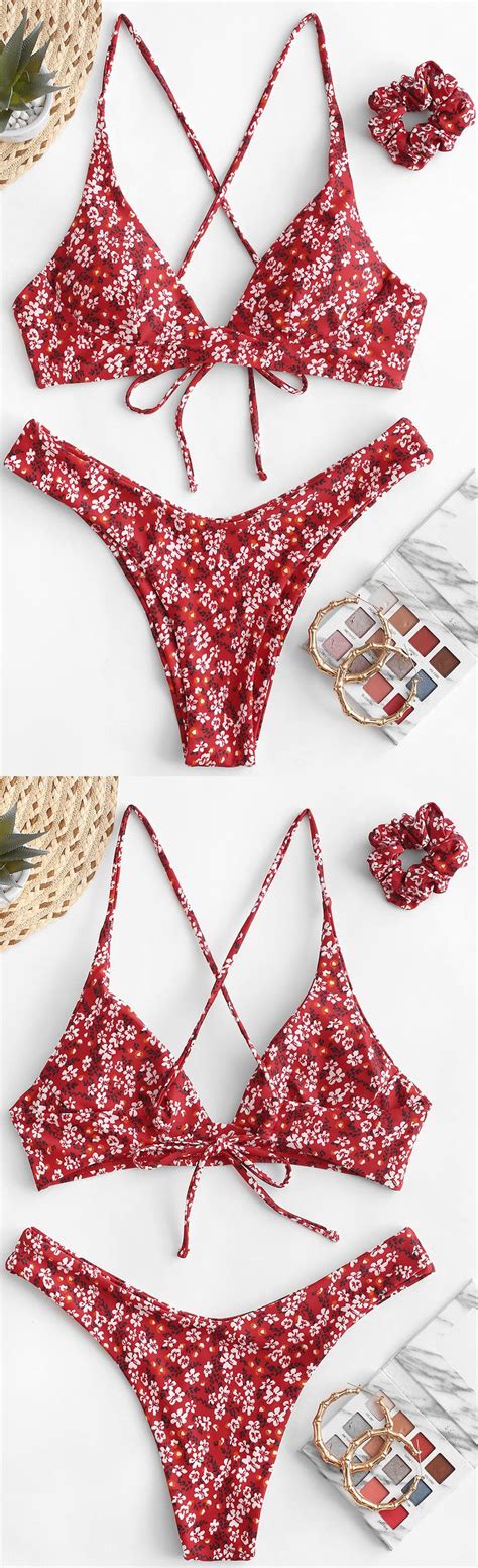 Tiny Floral Criss Cross Bikini Swimsuit With Hair Tie Criss