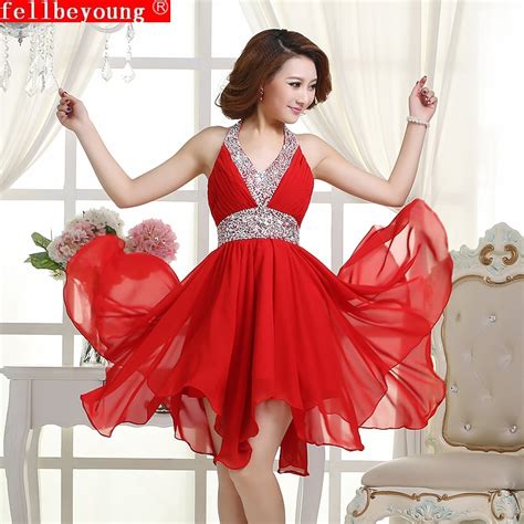 2015 Fashion Wholesale Short Knee Length Red Beaded Sequins Halter Crystal A Line Chiffon V Neck