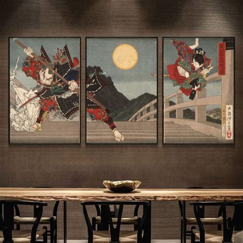 Set 3 Art Silk Canvas Samurai Dueling Ukiyoe Japanese Paint Poster