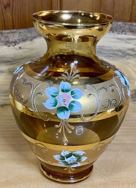 Vintage Bohemian Glass Vase Made In Italy Hand Painted Enamel Flowers With Gold 22 00 Picclick