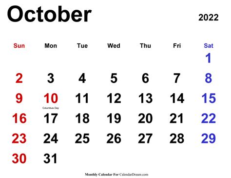 October 2022 Calendar With Holidays Calendar Dream