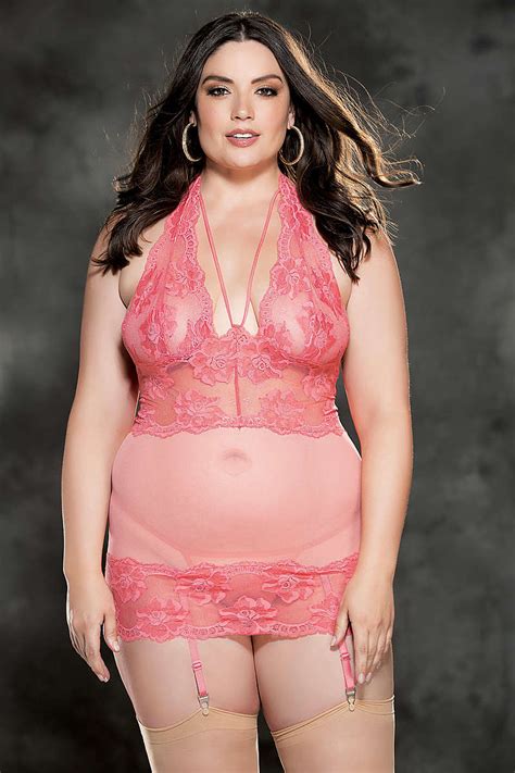 Plus Size Floral Stretch Lace And Mesh Gartered Chemise Foxy Lingerie
