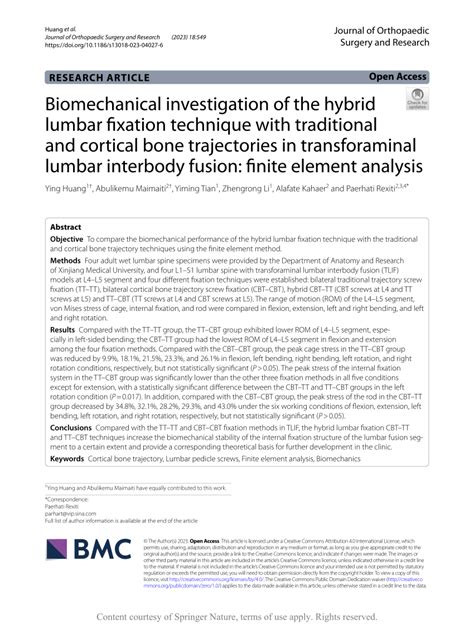 Pdf Biomechanical Investigation Of The Hybrid Lumbar Fixation