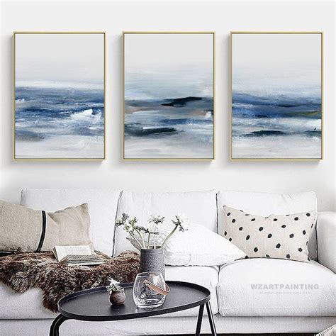 Framed Wall Art Set Of 3 Prints Modern Abstract Ocean Navy Blue Wave