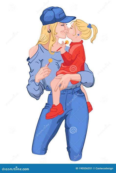 Mom And Daughter Blonde Mom And Daughter Are Holding Hands Vector