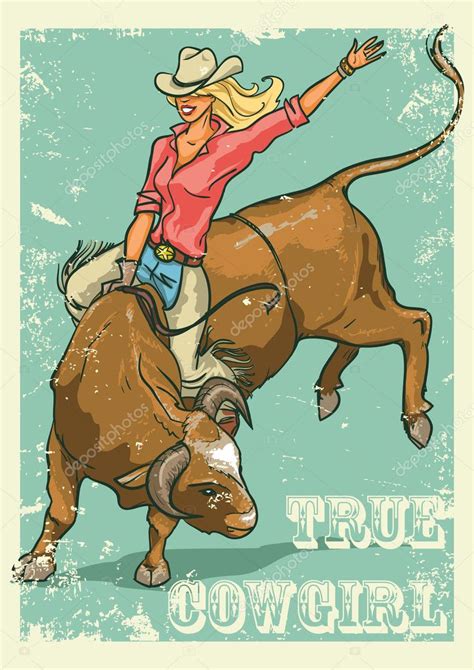 Rodeo Cowgirl Riding A Bull Retro Style Poster Stock Vector Image By