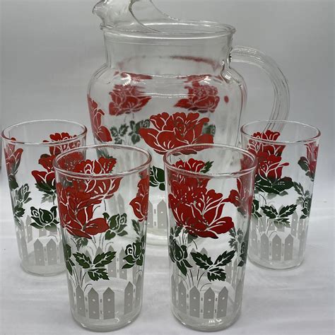 Hazel Atlas Glass Pitcher Red Roses Picket Fence And Set Of Etsy