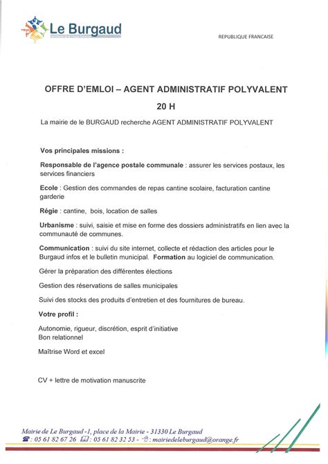 Nom prénom adresse numéro de téléphone adresse email. Mairie Le Burgaud: OFFRE D EMPLOI AGENT ADMINISTRATIF ...