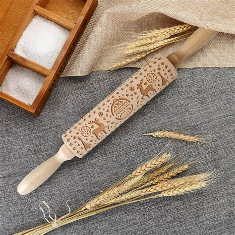 Christmas Rolling Pin Engraved Carved Wood Embossed Rolling Pin Kitchen