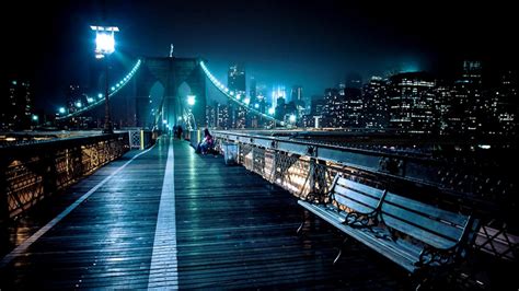 Walkway On Top Of Brooklyn Bridge At Night Brooklyn Bridge At Night