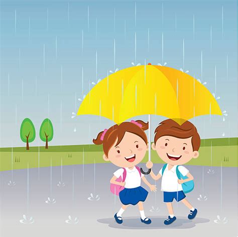 Cute Boy In Rains For Monsoon Season Concept Illustrations Royalty