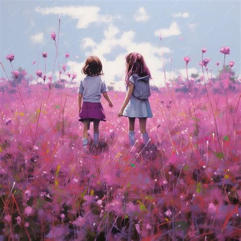 Premium Ai Image Painting Of Two Little Girls Walking Through A Field