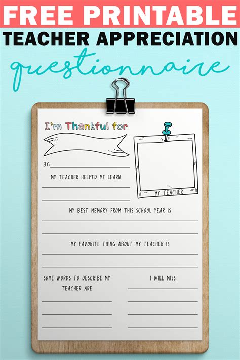 Free Printable Teacher Appreciation Questionnaire T