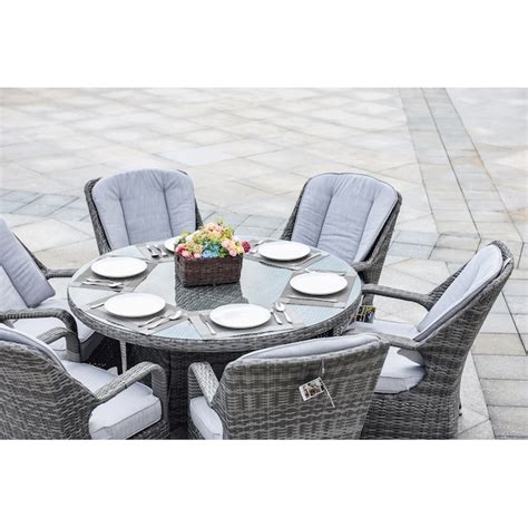 Direct Wicker Geo 7 Piece Gray Wicker Patio Dining Set Wicker Round Table With 6 Gray Cushions