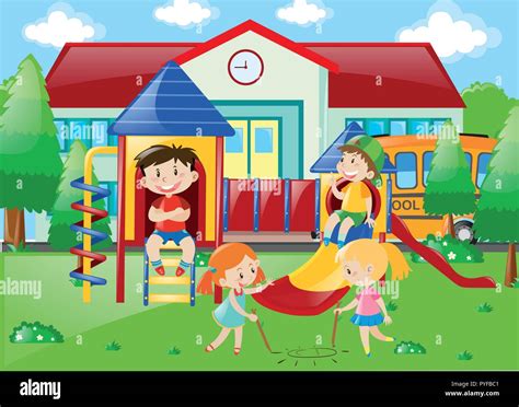 Students Playing At Playground In School Park Illustration Stock Vector