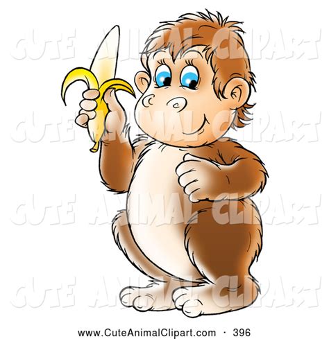 Clip Art Of A Smiling Brown Chubby Blue Eyed Monkey Holding A Banana