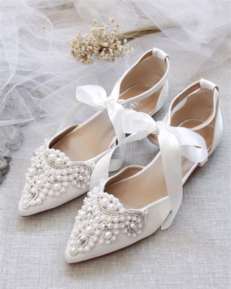 White Satin Pointy Toe Flats With Oversized Pearls Applique Women