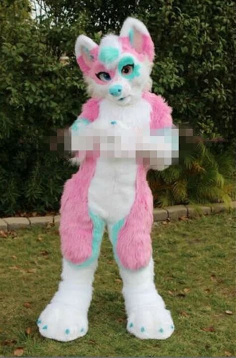 New Cute Halloween Pink Long Fur Fox Wolf Fursuit Mascot Costumes Suits Blue Adults Outfits