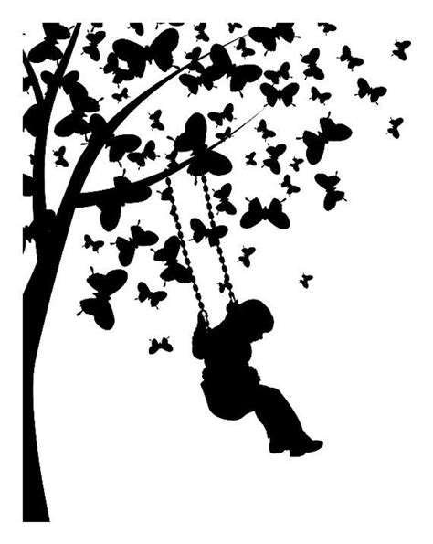 Child Swinging From Butterfly Tree Vinyl Wall Decal Mural Stencil