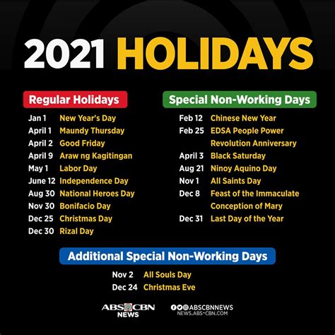 Malacañang Announces 2021 Holidays Abs Cbn News