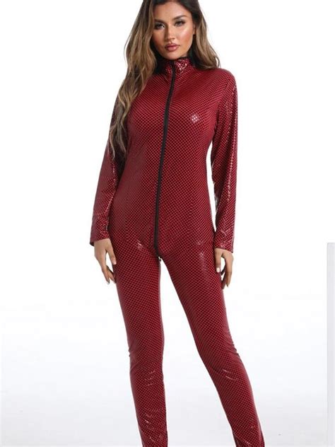 Long Sleeve Double Zipper Open Crotch Bodysuit Elastic Pu Leather Catsuit Cosplay Tight Jumpsuit