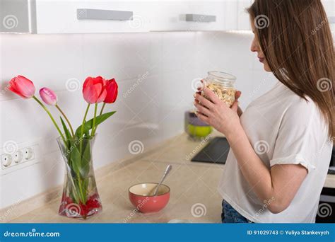 Woman Making Breakfast Stock Image Image Of Cereal Flowers 91029743