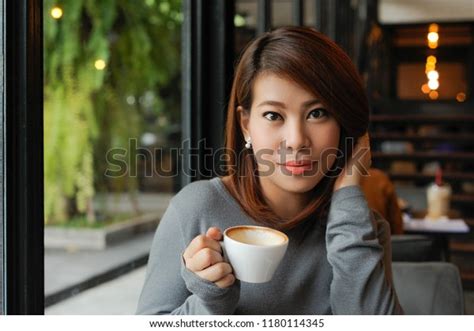 Beautiful Asian Women Drinking Coffee Coffee Stock Photo 1180114345