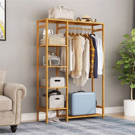 6 Tier Bamboo Garment Rack Storage Shelves Clothes Hanging Wardrobe