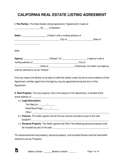 Free California Real Estate Agent Listing Agreement Pdf Word Eforms
