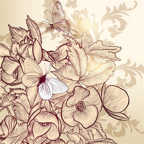 Floral Vector Design With Hand Drawn Flowers And Butterflies Stock