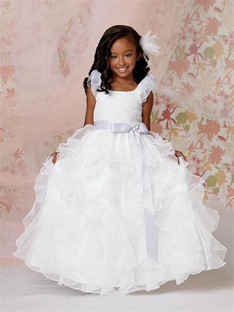 2015 flowergirl dress ball gown white lace flounced skirt ruffle square neck floor length flower