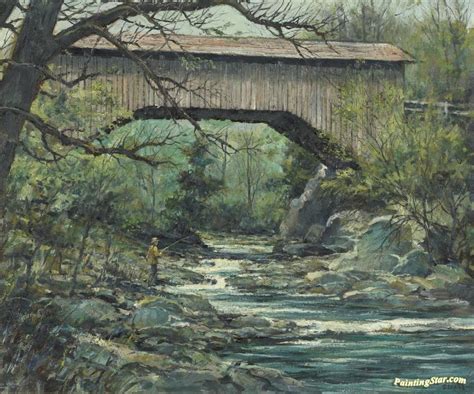 Fishing Below A Covered Bridge Vermont Artwork By Eric Sloane Oil